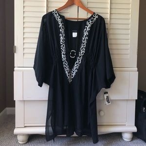 Black V-Neck Cover Up with White embroidery